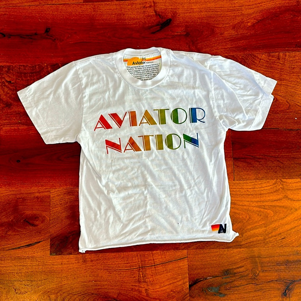white Aviator Nation cropped shirt with logo